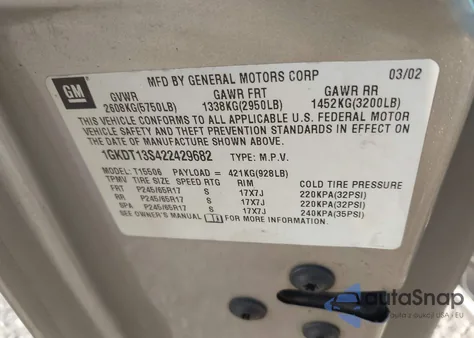 2002 GMC Envoy Slt из США, поврежденный, VIN 1GKDT13S422429682